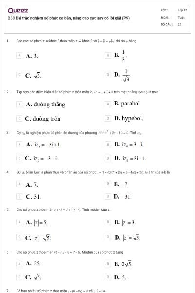 233 Bài trắc nghiệm số phức cơ bản, nâng cao cực hay có lời giải (P9)