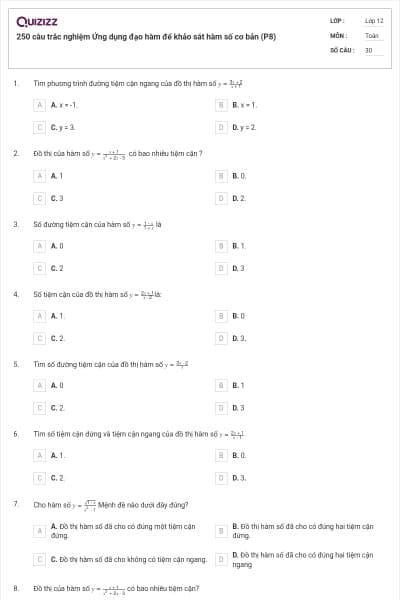 250 câu trắc nghiệm Ứng dụng đạo hàm để khảo sát hàm số cơ bản (P8)