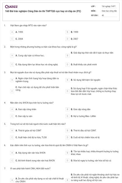 160 Bài trắc nghiệm Công Dân ôn thi THPTQG cực hay có đáp án (P2)