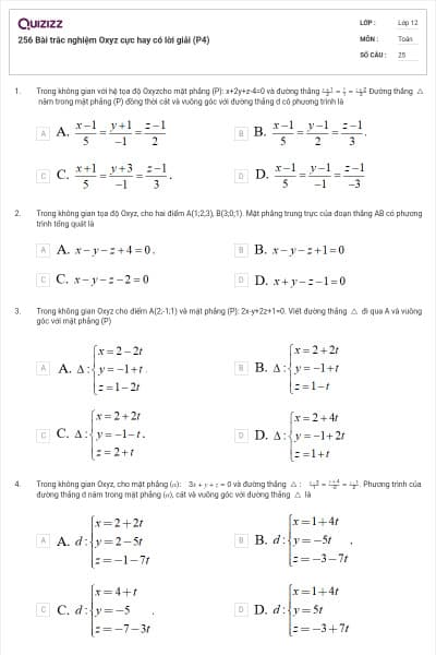 256 Bài trắc nghiệm Oxyz cực hay có lời giải (P4)