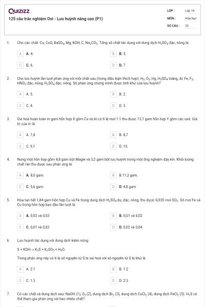 125 câu trắc nghiệm Oxi - Lưu huỳnh nâng cao (P1)