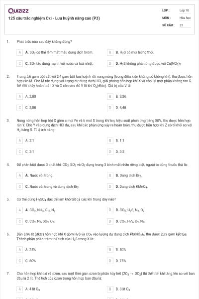125 câu trắc nghiệm Oxi - Lưu huỳnh nâng cao (P3)