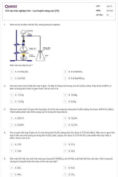 125 câu trắc nghiệm Oxi - Lưu huỳnh nâng cao (P4)