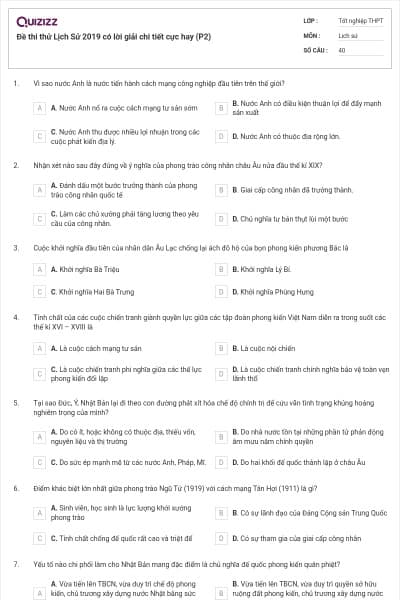 Đề thi thử Lịch Sử 2019 có lời giải chi tiết cực hay (P2)