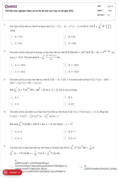 199 Bài trắc nghiệm Hàm số từ đề thi thử cực hay có lời giải (P5)