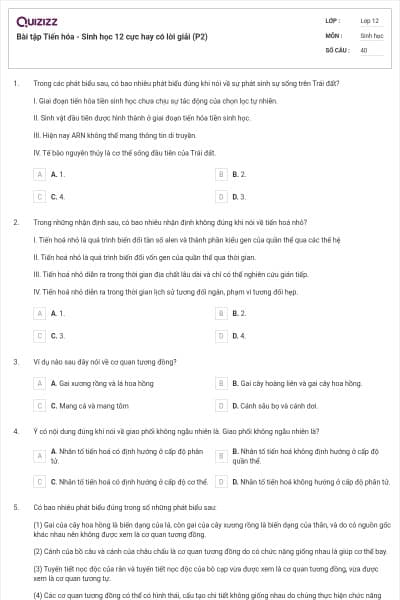 Bài tập Tiến hóa - Sinh học 12 cực hay có lời giải (P2)