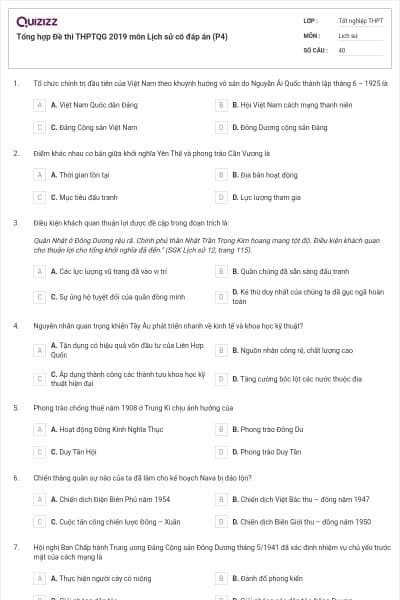 Tổng hợp Đề thi THPTQG 2019 môn Lịch sử có đáp án (P4)