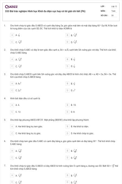 333 Bài trắc nghiệm Hình học Khối đa diện cực hay có lời giải chi tiết (P6)