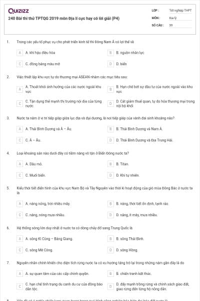 240 Bài thi thử TPTQG 2019 môn Địa lí cực hay có lời giải (P4)
