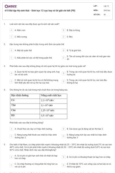 615 Bài tập Hệ sinh thái - Sinh học 12 cực hay có lời giải chi tiết (P8)