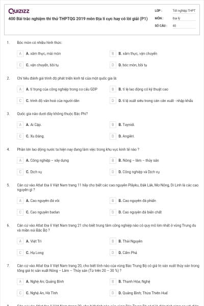 400 Bài trắc nghiệm thi thử THPTQG 2019 môn Địa lí cực hay có lời giải (P1)