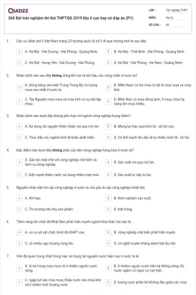 360 Bài trắc nghiệm thi thử THPTQG 2019 Địa lí cực hay có đáp án (P1)