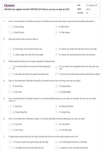 360 Bài trắc nghiệm thi thử THPTQG 2019 Địa lí cực hay có đáp án (P2)