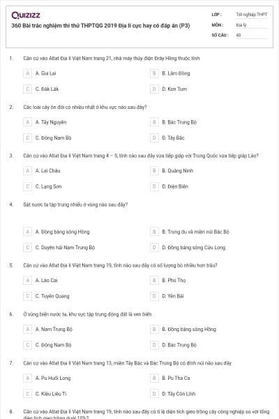 360 Bài trắc nghiệm thi thử THPTQG 2019 Địa lí cực hay có đáp án (P3)