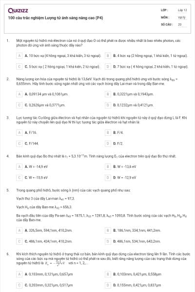 100 câu trắc nghiệm Lượng tử ánh sáng nâng cao (P4)