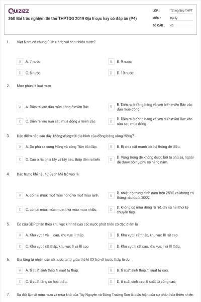 360 Bài trắc nghiệm thi thử THPTQG 2019 Địa lí cực hay có đáp án (P4)