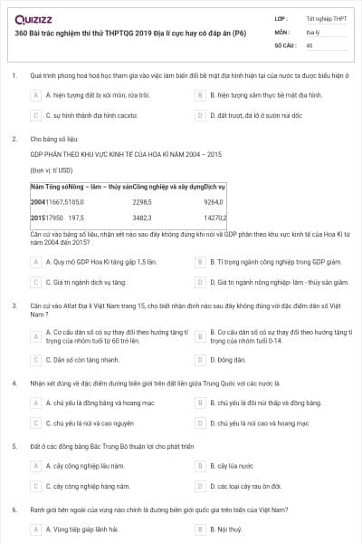 360 Bài trắc nghiệm thi thử THPTQG 2019 Địa lí cực hay có đáp án (P6)