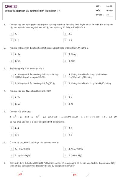 80 câu trắc nghiệm Đại cương về kim loại cơ bản (P4)