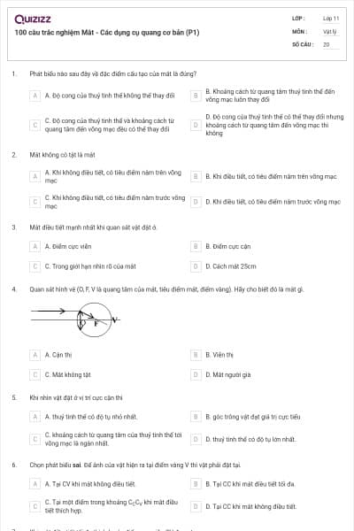 100 câu trắc nghiệm Mắt - Các dụng cụ quang cơ bản (P1)
