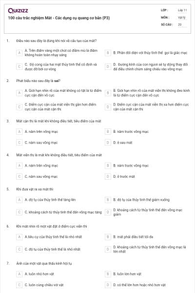 100 câu trắc nghiệm Mắt - Các dụng cụ quang cơ bản (P3)