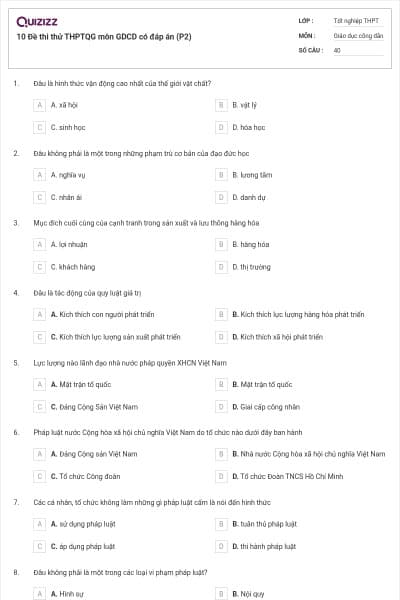 10 Đề thi thử THPTQG môn GDCD có đáp án (P2)