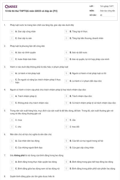 10 Đề thi thử THPTQG môn GDCD có đáp án (P3)