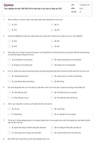 Trắc nghiệm thi thử THPTQG 2019 môn Địa lí cực hay có đáp án (P3)