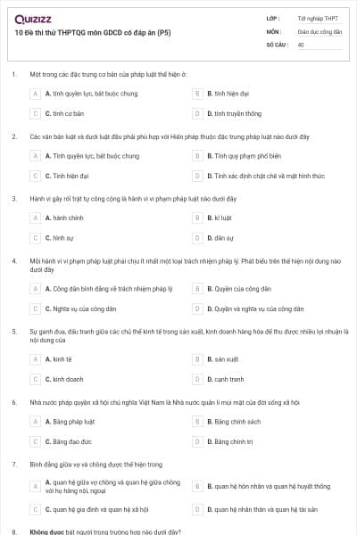 10 Đề thi thử THPTQG môn GDCD có đáp án (P5)