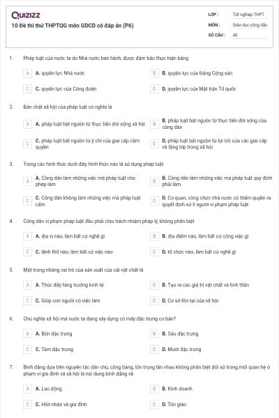10 Đề thi thử THPTQG môn GDCD có đáp án (P6)