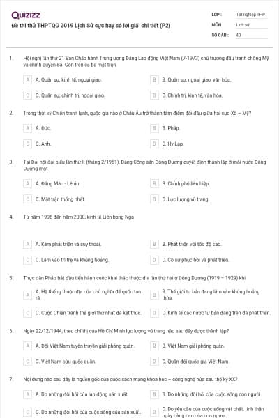 Đề thi thử THPTQG 2019 Lịch Sử cực hay có lời giải chi tiết (P2)