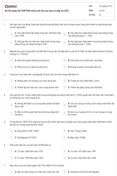 Bộ đề luyện thi THPTQG môn Lịch Sử cực hay có đáp án (P2)