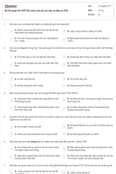 Bộ đề luyện thi THPTQG môn Lịch Sử cực hay có đáp án (P6)