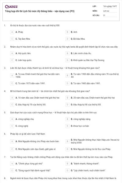 Tổng hợp đề thi Lịch Sử mức độ thông hiểu - vận dụng cao (P3)