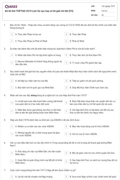 Đề thi thử THPTQG 2019 Lịch Sử cực hay có lời giải chi tiết (P4)