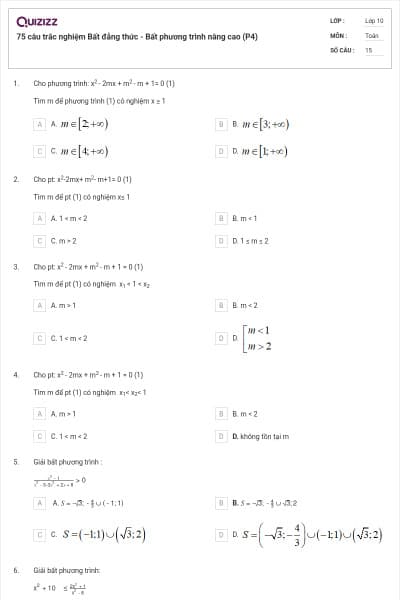 75 câu trắc nghiệm Bất đẳng thức - Bất phương trình nâng cao (P4)