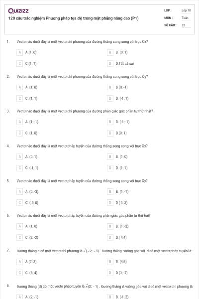 120 câu trắc nghiệm Phương pháp tọa độ trong mặt phẳng nâng cao (P1)