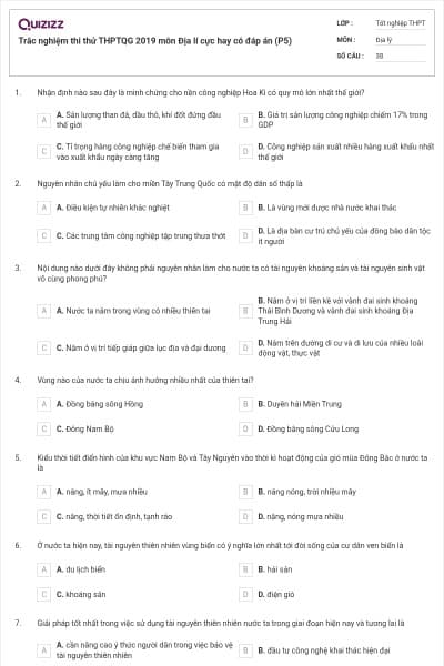 Trắc nghiệm thi thử THPTQG 2019 môn Địa lí cực hay có đáp án (P5)