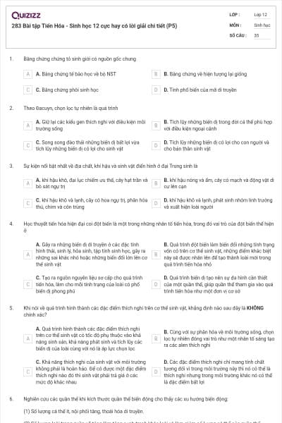 283 Bài tập Tiến Hóa - Sinh học 12 cực hay có lời giải chi tiết (P5)