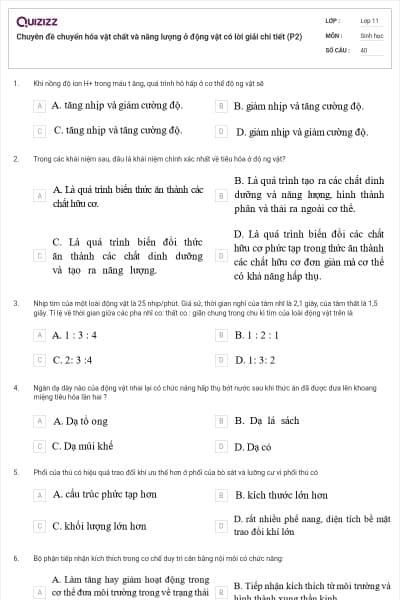 Chuyên đề chuyển hóa vật chất và năng lượng ở động vật có lời giải chi tiết (P2)