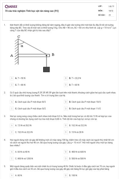 70 câu trắc nghiệm Tĩnh học vật rắn nâng cao (P2)