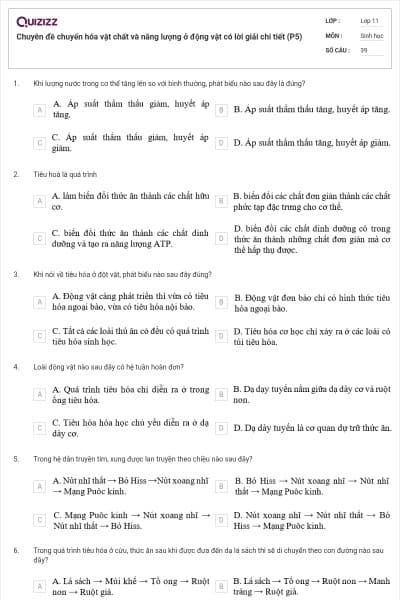 Chuyên đề chuyển hóa vật chất và năng lượng ở động vật có lời giải chi tiết (P5)