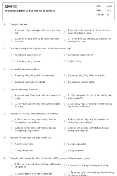 60 câu trắc nghiệm Cơ học chất lưu cơ bản (P1)
