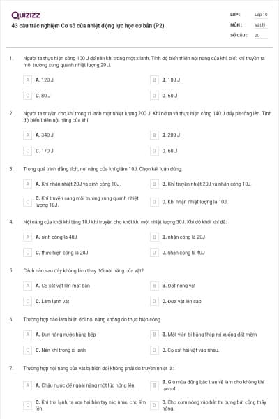 43 câu trắc nghiệm Cơ sở của nhiệt động lực học cơ bản (P2)