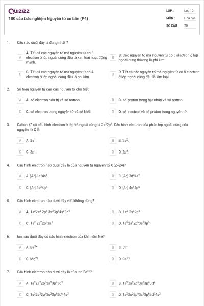 100 câu trắc nghiệm Nguyên tử cơ bản (P4)