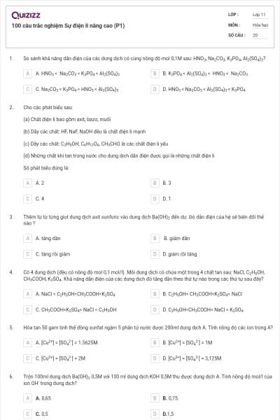 100 câu trắc nghiệm Sự điện li nâng cao (P1)