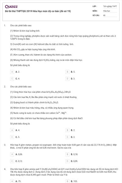 Đề thi thử THPTQG 2019 Hóa Học mức độ cơ bản (đề số 19)