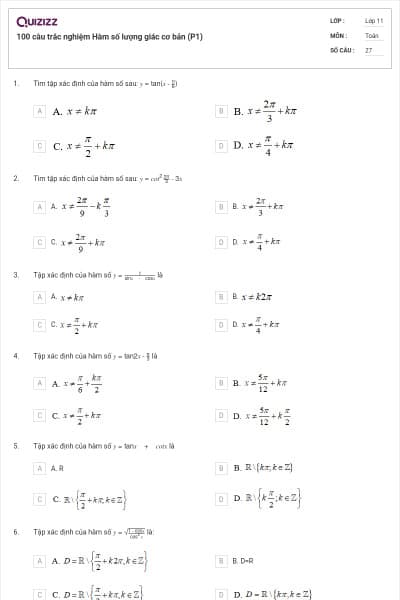 100 câu trắc nghiệm Hàm số lượng giác cơ bản (P1)