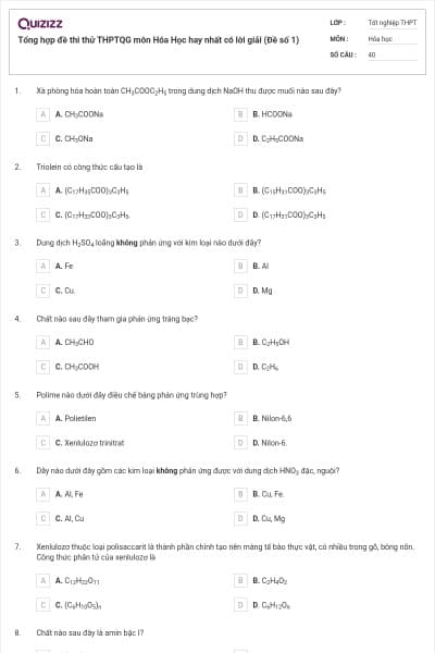 Tổng hợp đề thi thử THPTQG môn Hóa Học hay nhất có lời giải (Đề số 1)