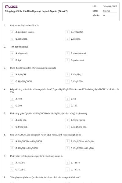 Tổng hợp đề thi thử Hóa Học cực hay có đáp án (Đề số 7)
