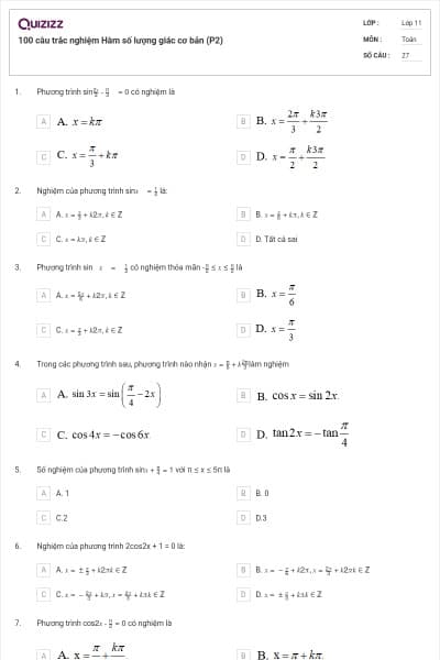 100 câu trắc nghiệm Hàm số lượng giác cơ bản (P2)